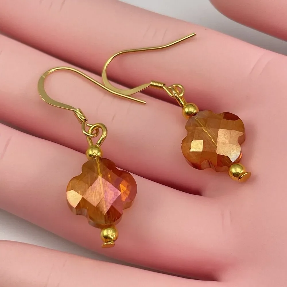 18K Gold Plated Metallic Orange AB Clover Flower Beaded Dangle Earrings Dainty